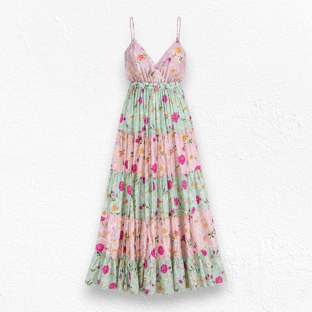 Raga Floral Tiered Maxi Dress Pink Mint Smocked Back Boho Size XS NWT R1665
